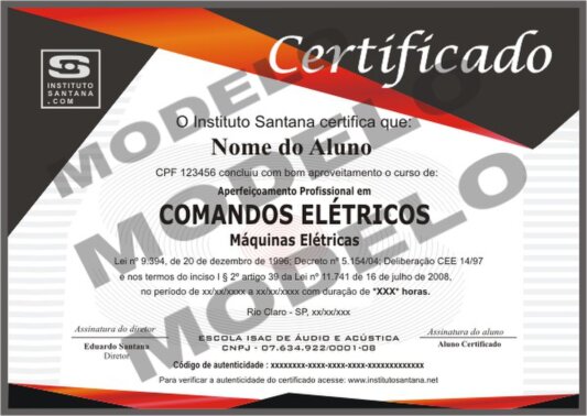 Certificado modelo de certificado do curso de Comandos Elétricos.