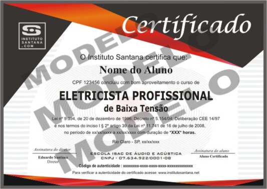 certificado modelo de certificado do curso de Eletricista Profissional.